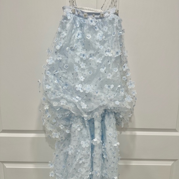 Light Blue Floral Layered Dress with Delicate Spaghetti Straps - Picture 4 of 11